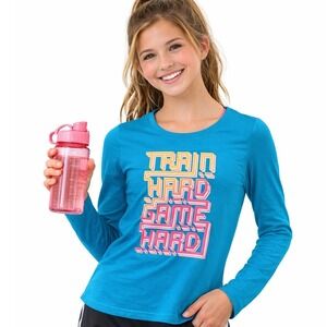 Danskin Now Graphic Tee Kids 10-12 Aqua Blue Train Hard Game Hard Long Sleeve